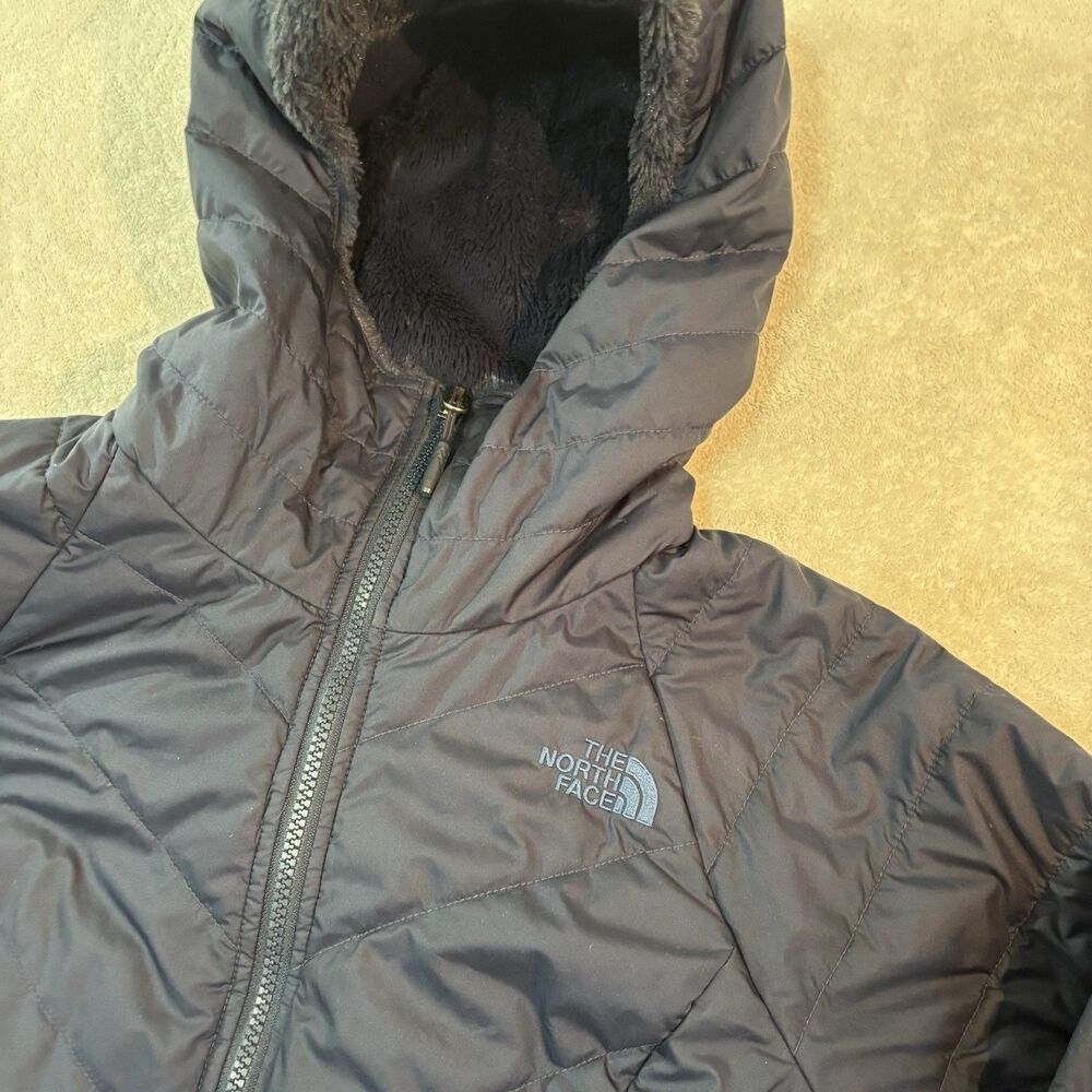 EUC North Face Women Small Mossbud Reversible Puffer Fleece Coat Navy Long Hood - Picture 5 of 11